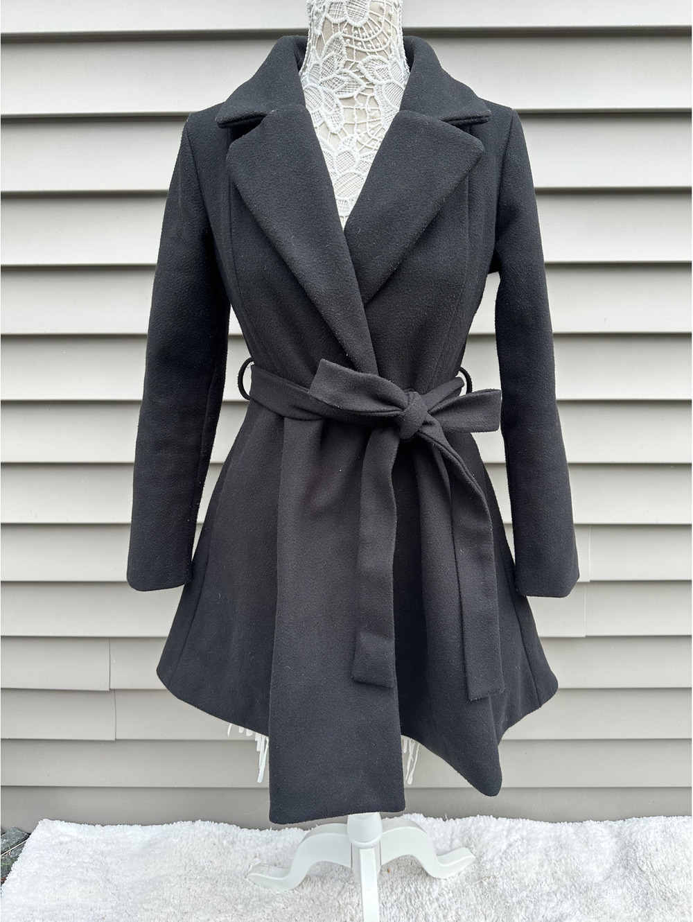 Belle Pogue Black Tie Belt Coat Classic Minimalist Chic Outerwear